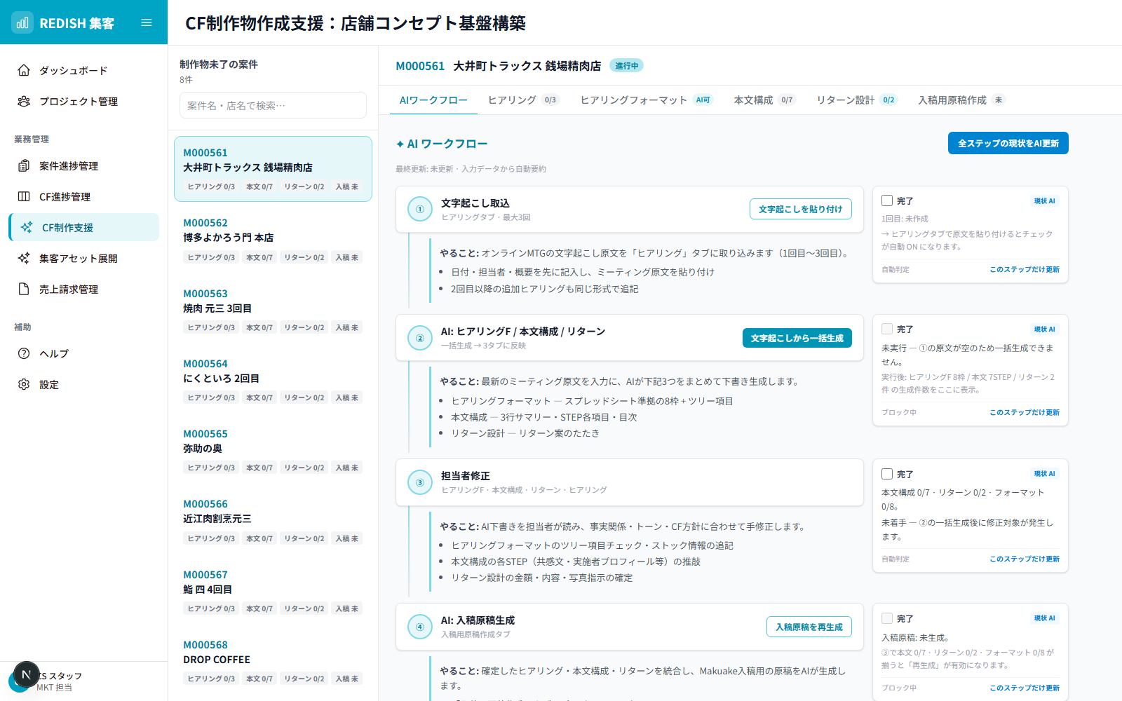 集客システム CF制作AIワークフロー画面(実画面、サンプル案件データ)